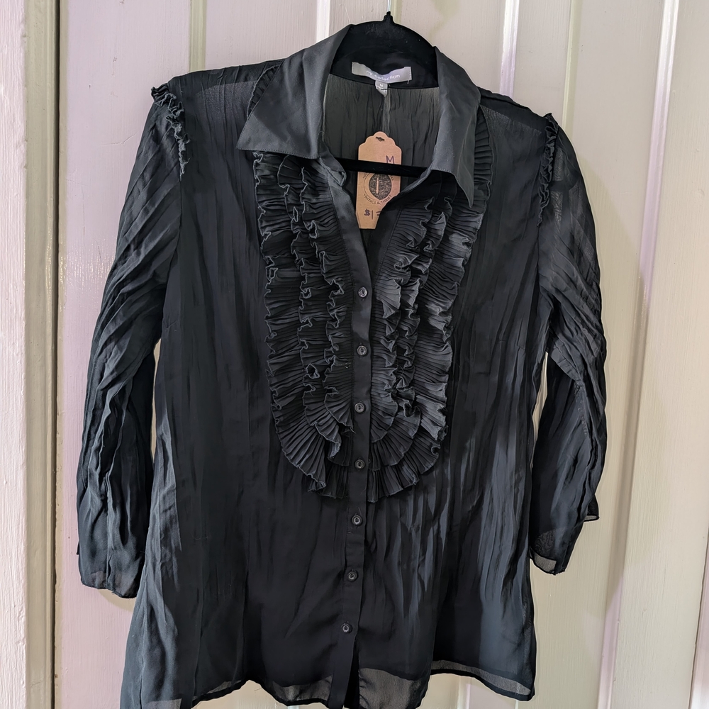 NY Collection Black Ruffled Button-Down Blouse